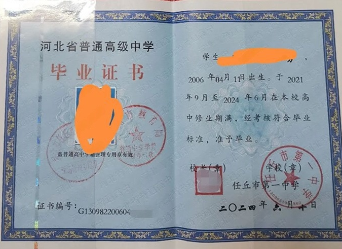 山东任丘市第一中学高中毕业证样本图片