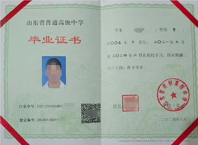山东山东省济钢高级中学高中毕业证样本图片