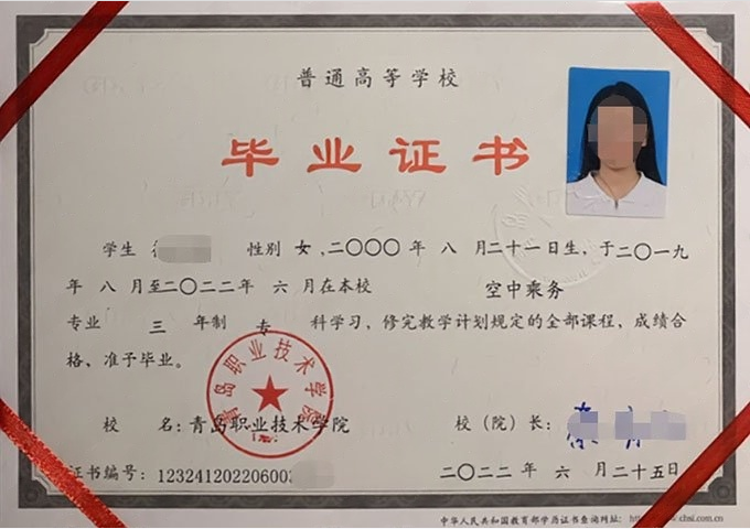 山东青岛职业技术学院毕业证样本图片